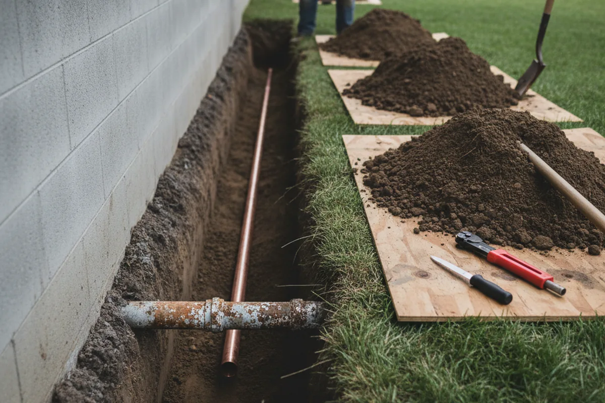 Excavated water line trench during Water Softener Installation in Dorothy